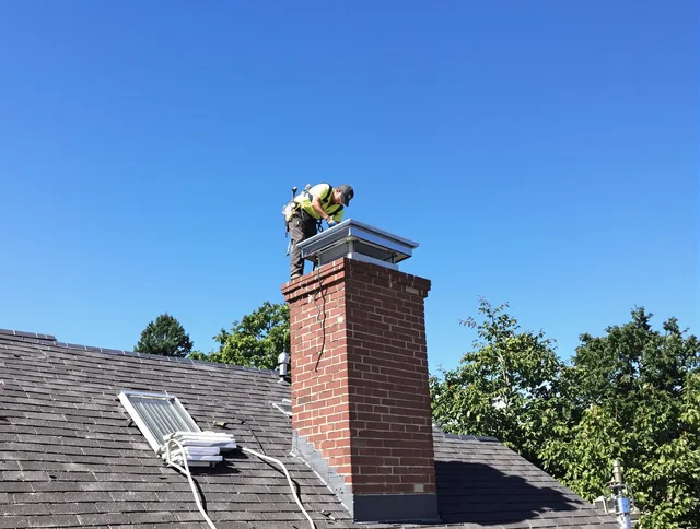 Abington Chimney Sweep technician measuring a chimney cap in Abington, MA
