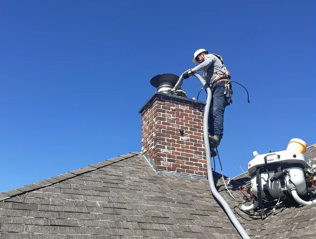 Dedicated Abington Chimney Sweep team member cleaning a chimney in Abington, MA