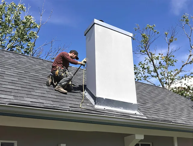 Abington Chimney Sweep team member finishing chimney construction in Abington, MA