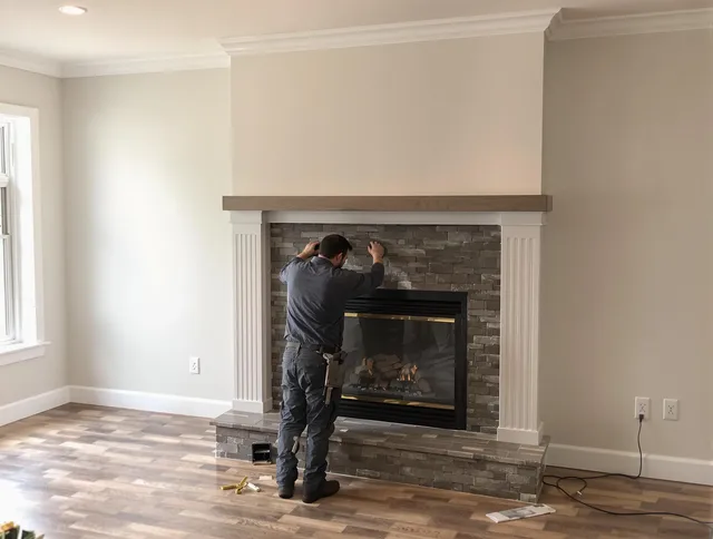 Abington Chimney Sweep finishing a custom fireplace install in Abington, MA